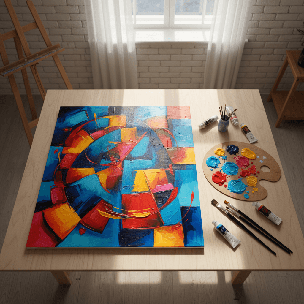 Young artist's colorful acrylic abstract painting on studio table