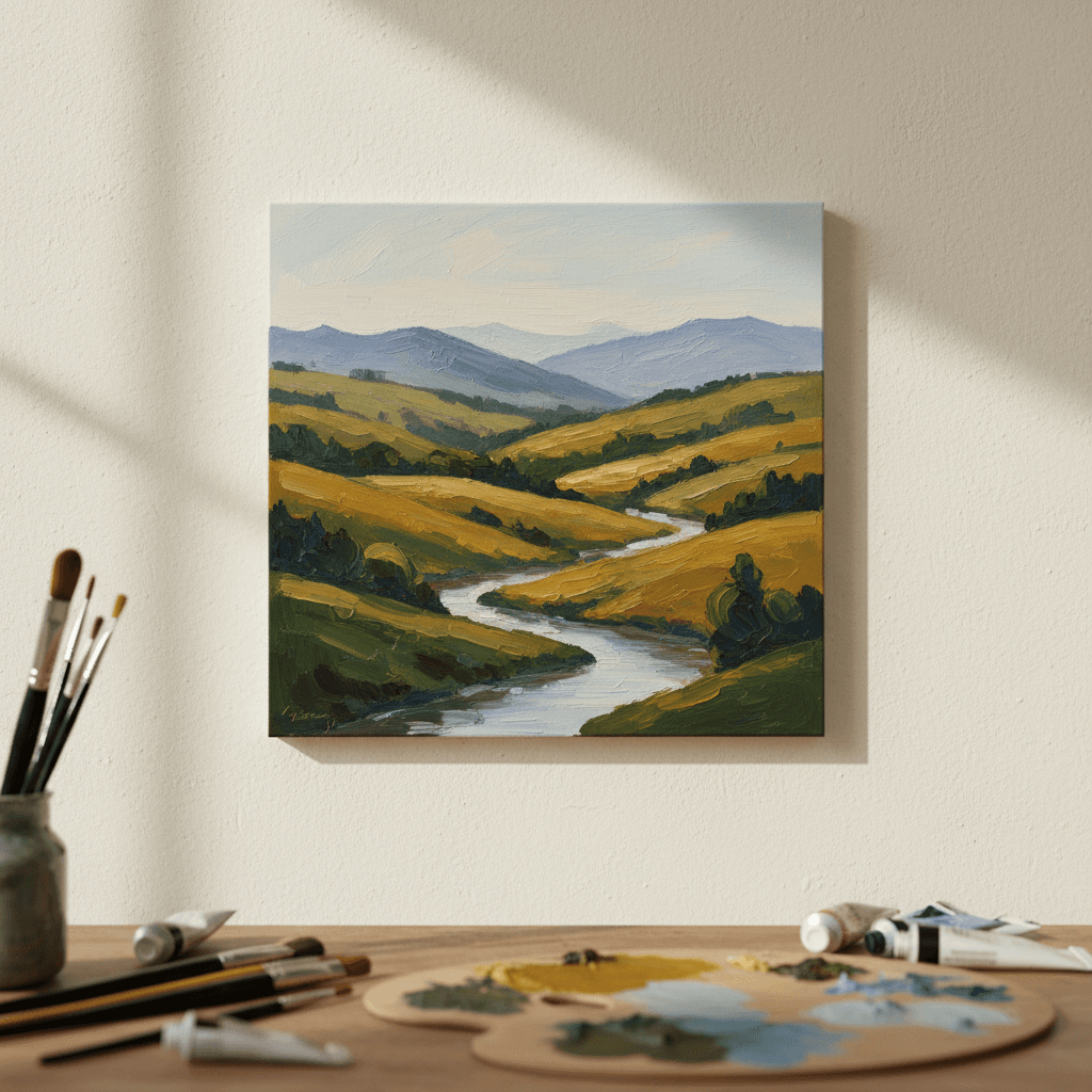 Adult student's oil landscape painting with hills and trees
