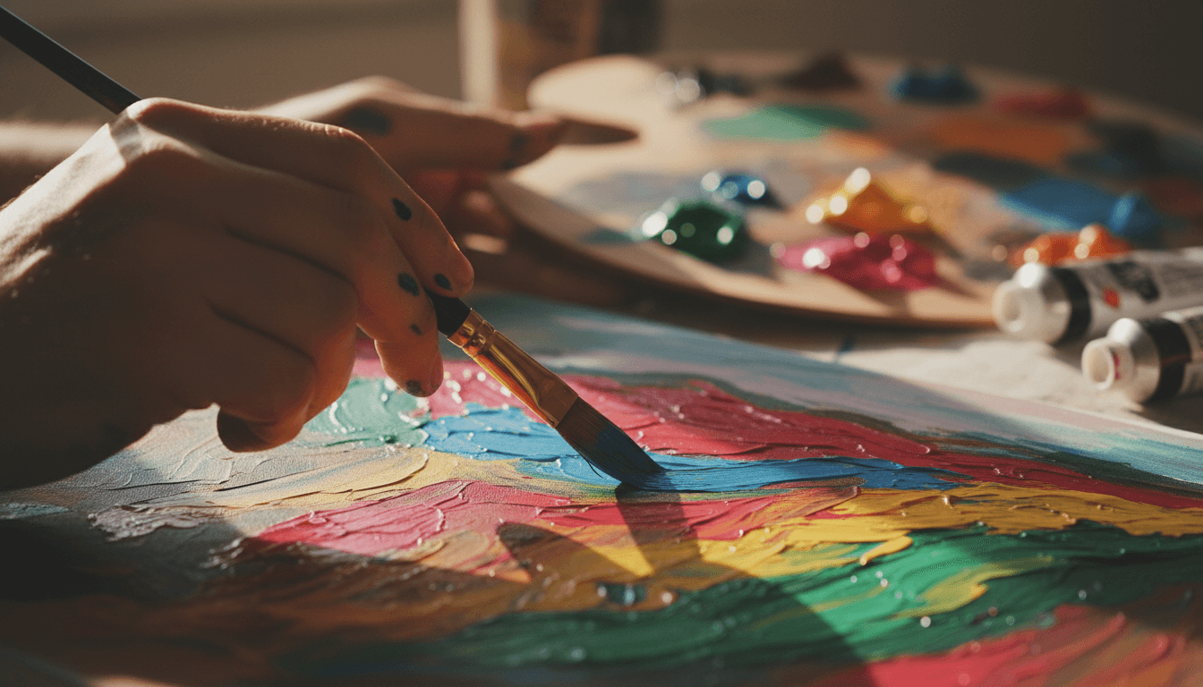 Close-up of artist's hands painting on canvas with acrylic brushes and vibrant colors