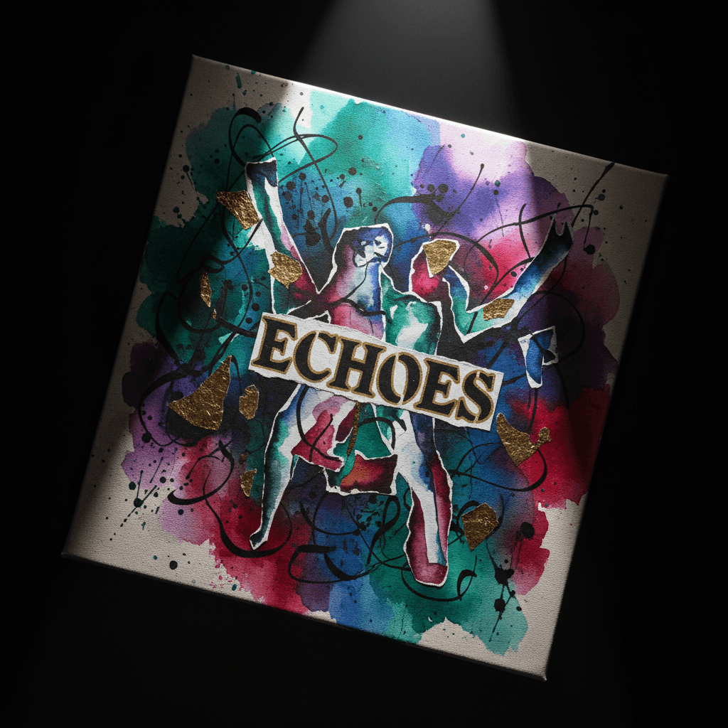 Student's mixed media artwork combining watercolor, ink, and collage