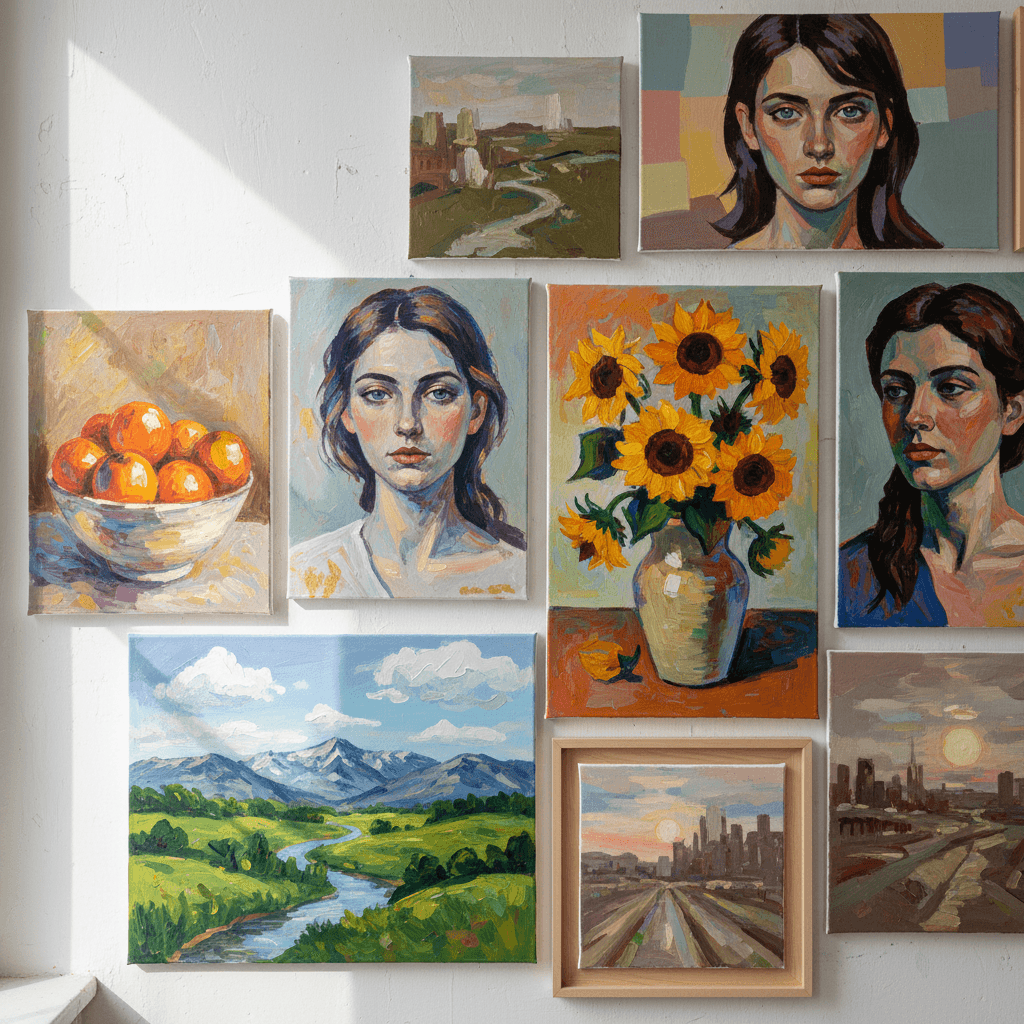 Collection of students' acrylic paintings displayed together on studio wall