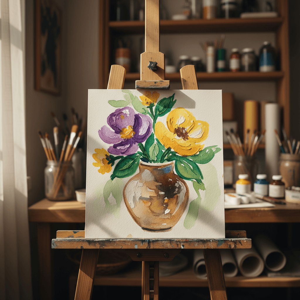 Child's watercolor painting of flowers in a vase