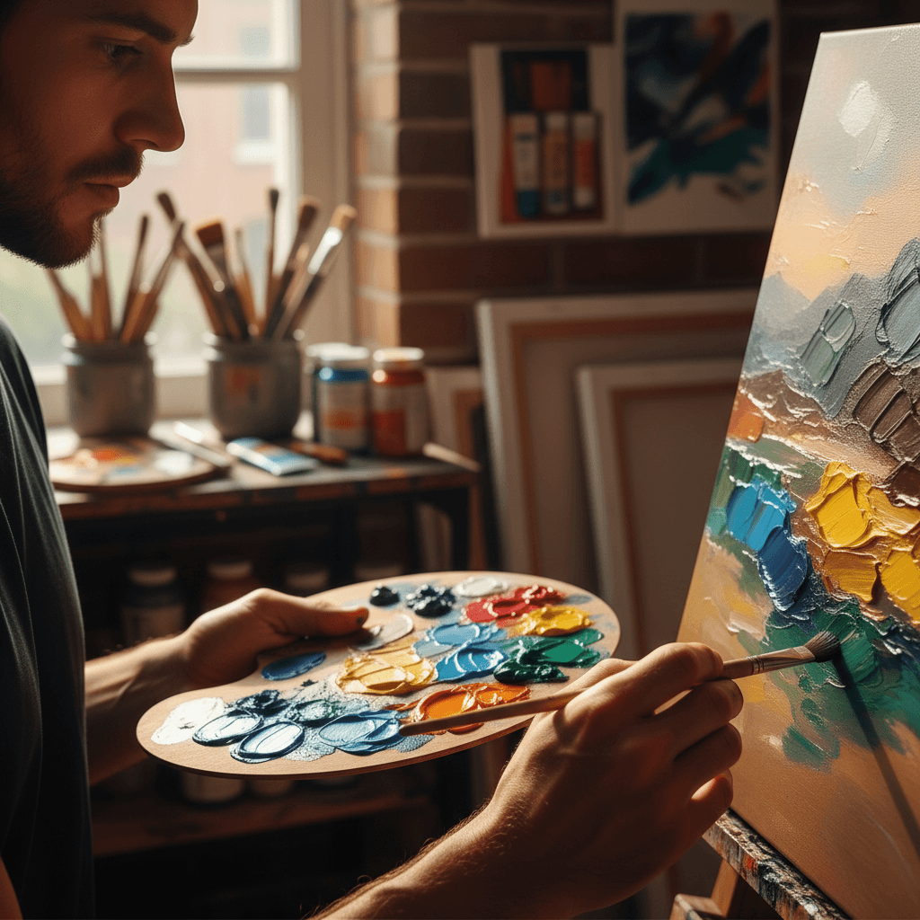 Student painting with brush on canvas during art lesson