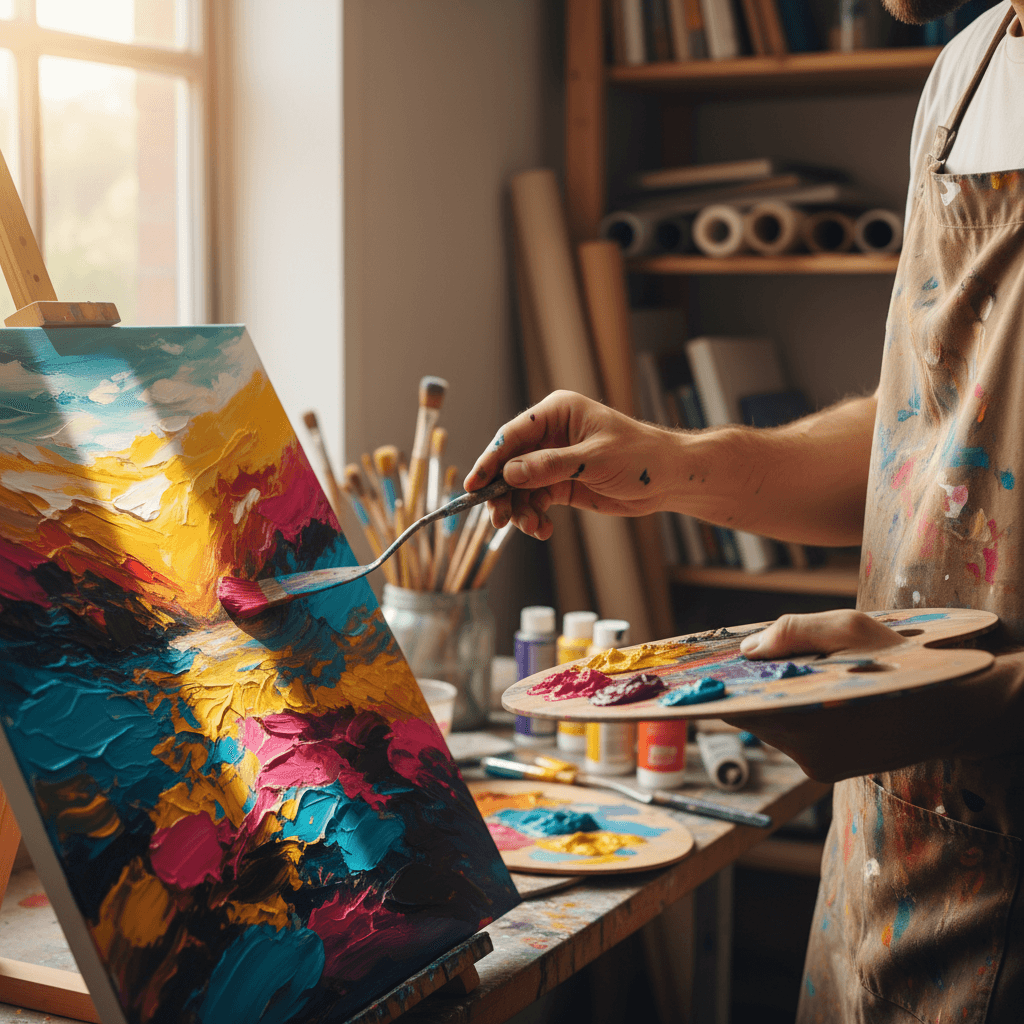 Art instructor demonstrating painting technique to student during private lesson