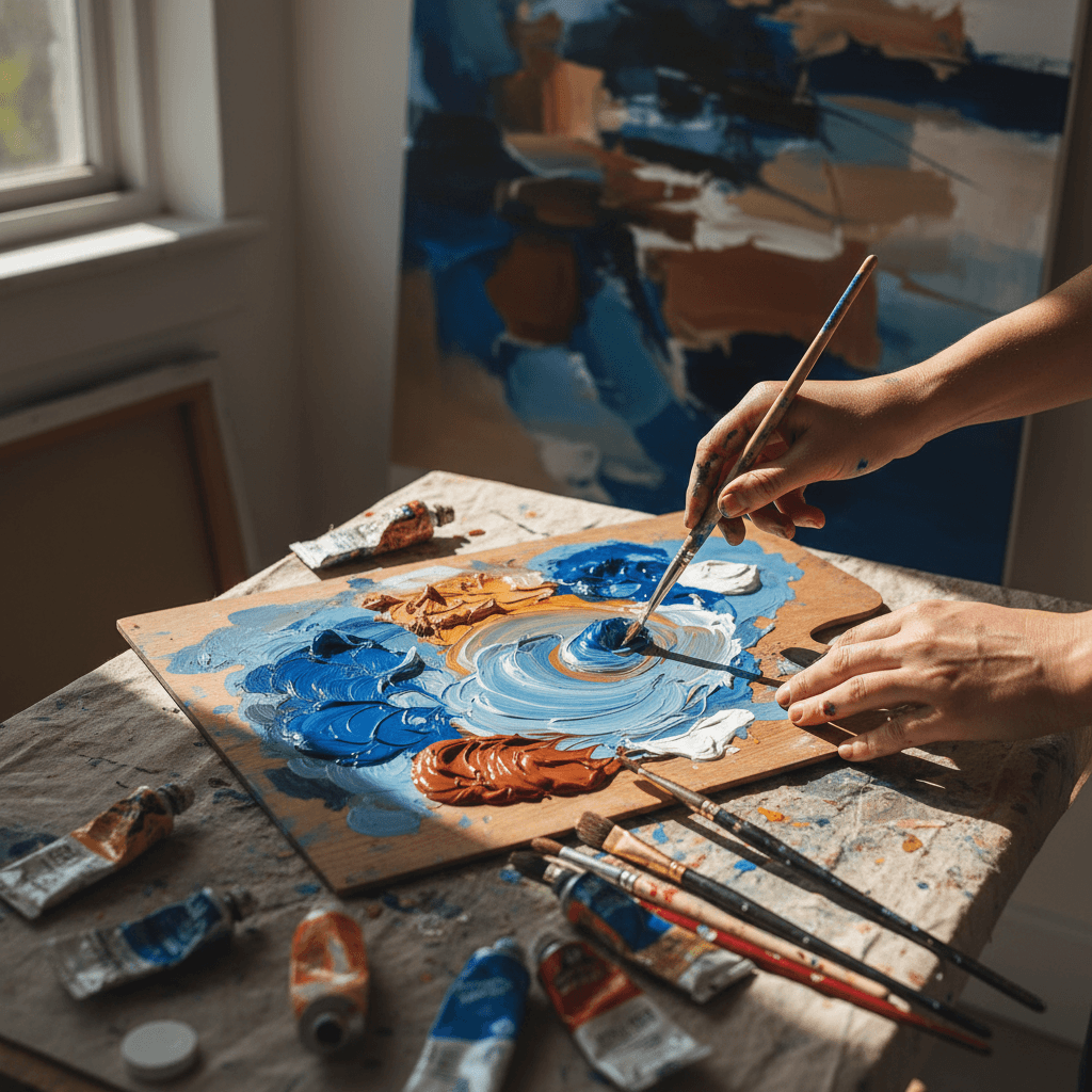 Student hands mixing paints on wooden palette in art studio